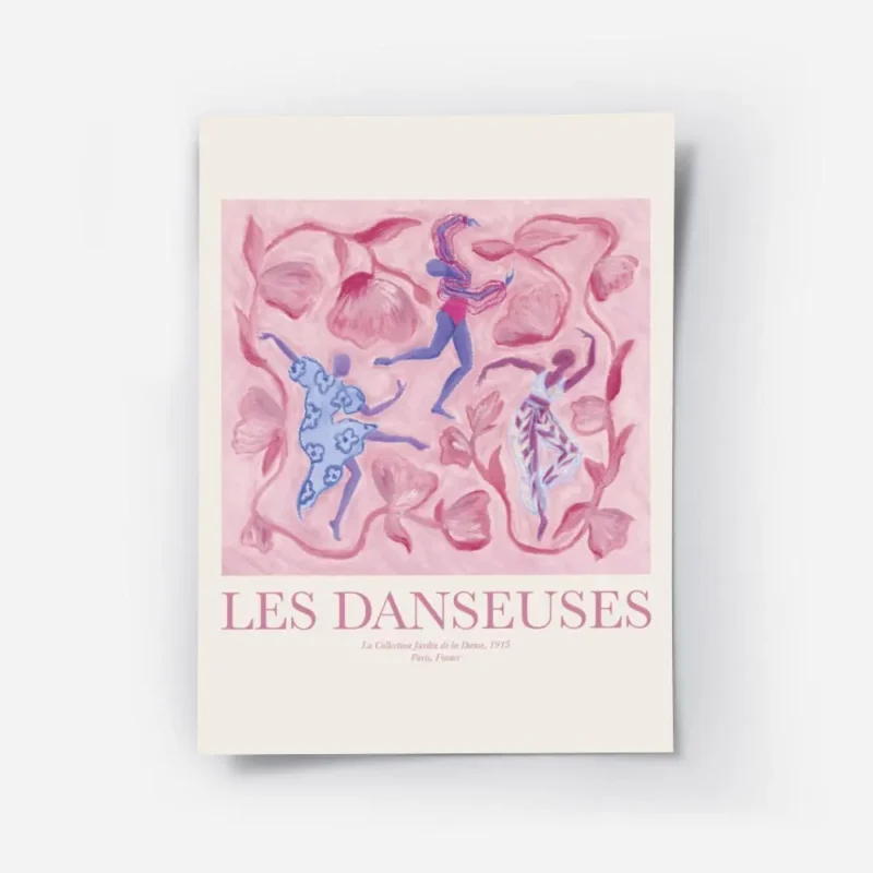 affiche de danseuses abstraites aux couleurs vibrantes sur fond floral rose.webp