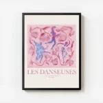 affiche de danseuses abstraites aux couleurs vibrantes sur fond floral rose avec cadre.webp
