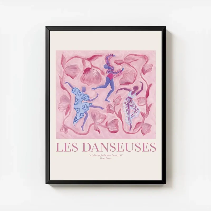 affiche de danseuses abstraites aux couleurs vibrantes sur fond floral rose avec cadre.webp