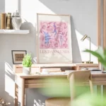 affiche de danseuses abstraites aux couleurs vibrantes sur fond floral rose bureau.webp
