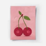 affiche de deux cerises rouges avec des queues vertes et des feuilles sur fond r.webp