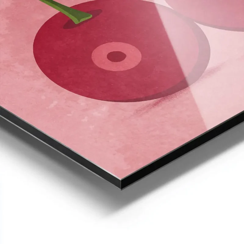affiche de deux cerises rouges avec des queues vertes et des feuilles sur fond r aluminium.webp