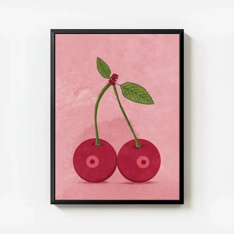 affiche de deux cerises rouges avec des queues vertes et des feuilles sur fond r avec cadre.webp