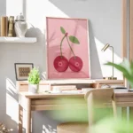 affiche de deux cerises rouges avec des queues vertes et des feuilles sur fond r bureau.webp