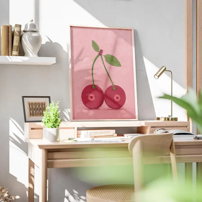 affiche de deux cerises rouges avec des queues vertes et des feuilles sur fond r bureau.webp