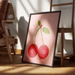 affiche de deux cerises rouges avec des queues vertes et des feuilles sur fond r encadre.webp
