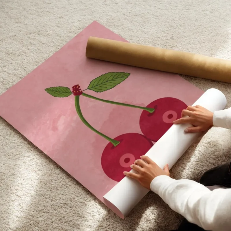 affiche de deux cerises rouges avec des queues vertes et des feuilles sur fond r enroule.webp