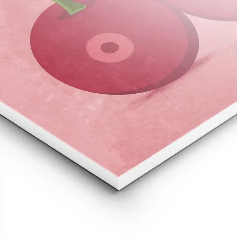 affiche de deux cerises rouges avec des queues vertes et des feuilles sur fond r lightpanel.webp