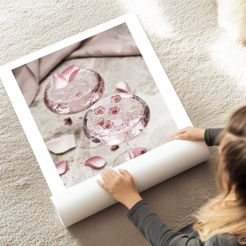 affiche de deux cocktails roses avec glacons decores de petales et petites fleur au sol.webp