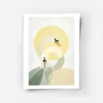 affiche de deux cygnes stylises en beige et vert avec un soleil jaune sur fond g.webp