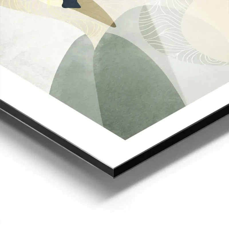 affiche de deux cygnes stylises en beige et vert avec un soleil jaune sur fond g aluminium.webp