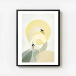affiche de deux cygnes stylises en beige et vert avec un soleil jaune sur fond g avec cadre.webp