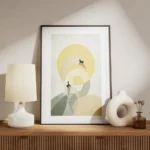 affiche de deux cygnes stylises en beige et vert avec un soleil jaune sur fond g meuble.webp