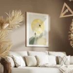 affiche de deux cygnes stylises en beige et vert avec un soleil jaune sur fond g salon.webp