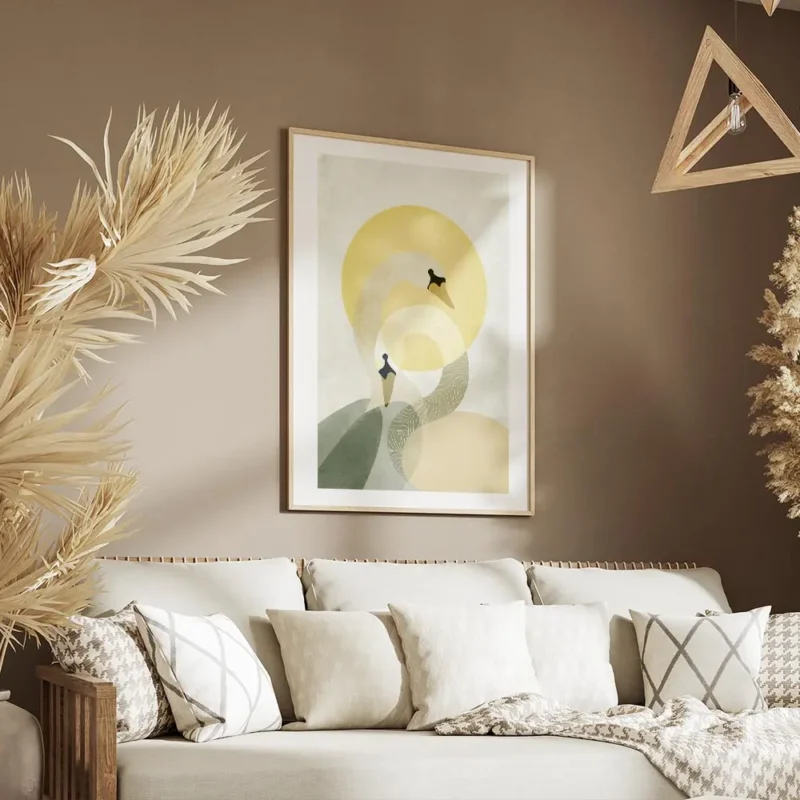affiche de deux cygnes stylises en beige et vert avec un soleil jaune sur fond g salon.webp