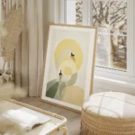 affiche de deux cygnes stylises en beige et vert avec un soleil jaune sur fond g salon beige.webp