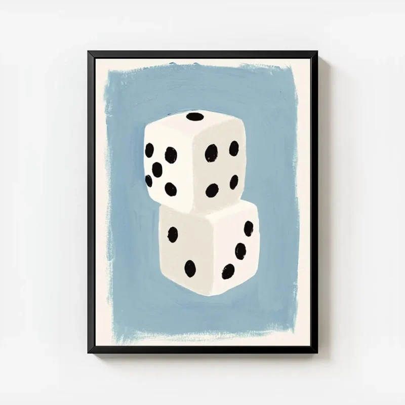 affiche de deux des blancs empiles avec des points noirs sur un fond bleu clair avec cadre.webp
