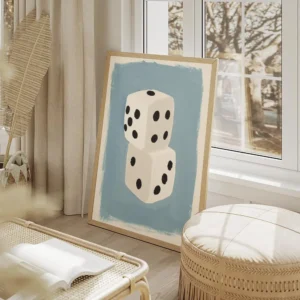 affiche de deux des blancs empiles avec des points noirs sur un fond bleu clair salon beige.webp