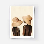 affiche de deux femmes aux chapeaux abstraits sur fond beige.webp