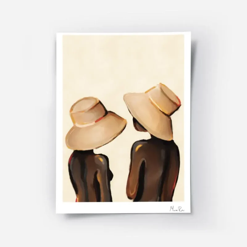 affiche de deux femmes aux chapeaux abstraits sur fond beige.webp