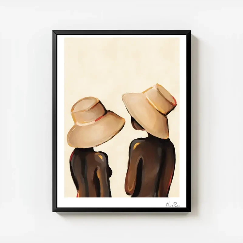 affiche de deux femmes aux chapeaux abstraits sur fond beige avec cadre.webp