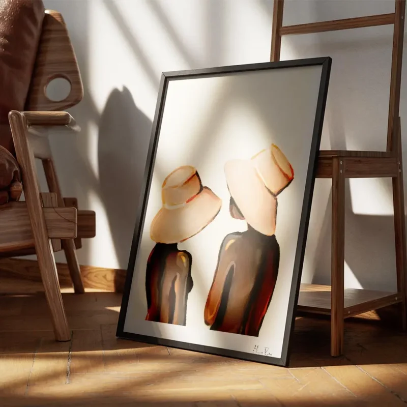 affiche de deux femmes aux chapeaux abstraits sur fond beige encadre.webp