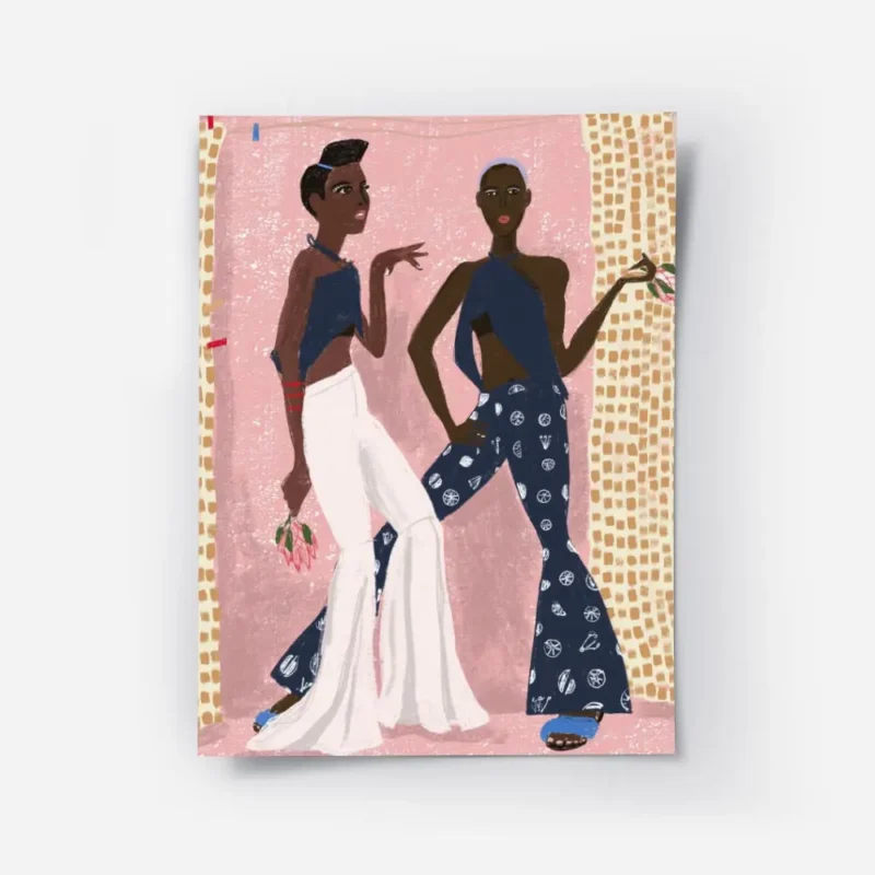 affiche de deux femmes dansant lune en blanc et lautre en bleu fonce sur fond ro.webp