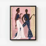 affiche de deux femmes dansant lune en blanc et lautre en bleu fonce sur fond ro avec cadre.webp