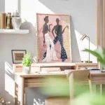 affiche de deux femmes dansant lune en blanc et lautre en bleu fonce sur fond ro bureau.webp