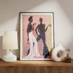affiche de deux femmes dansant lune en blanc et lautre en bleu fonce sur fond ro meuble.webp