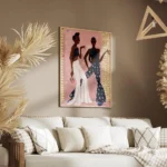 affiche de deux femmes dansant lune en blanc et lautre en bleu fonce sur fond ro salon.webp