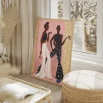 affiche de deux femmes dansant lune en blanc et lautre en bleu fonce sur fond ro salon beige.webp