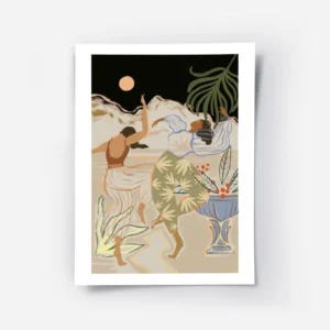 affiche de deux femmes dansant sous la lune dans une ambiance nocturne avec une .webp