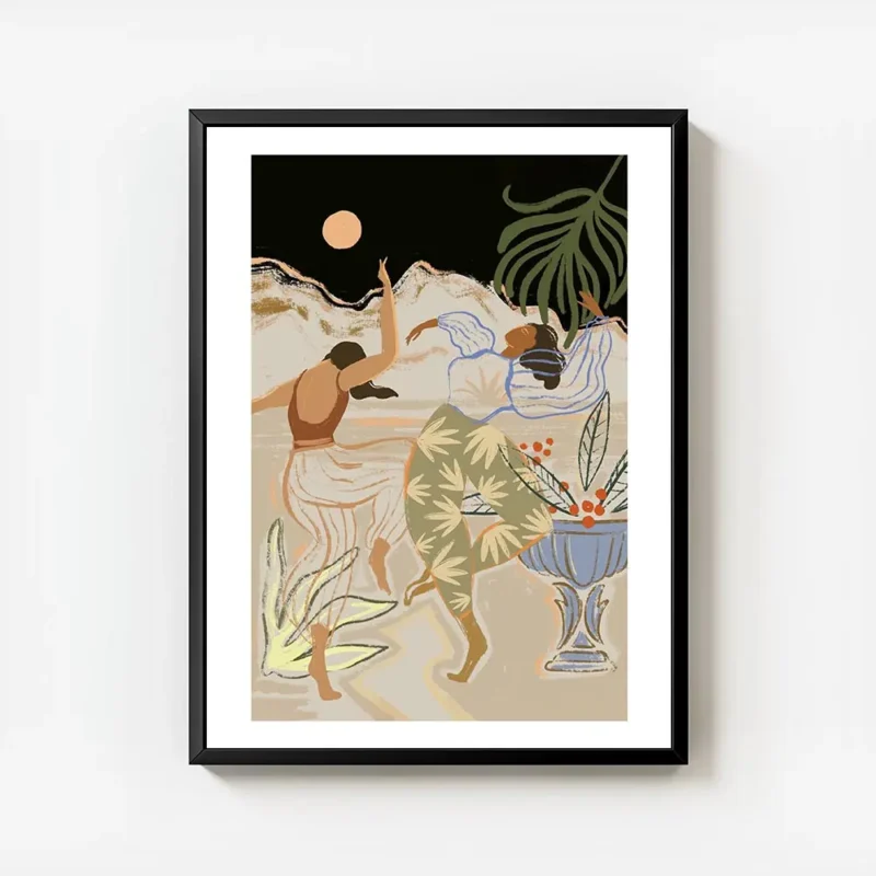 affiche de deux femmes dansant sous la lune dans une ambiance nocturne avec une avec cadre.webp