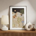 affiche de deux femmes dansant sous la lune dans une ambiance nocturne avec une meuble.webp