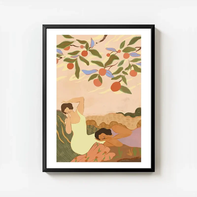 affiche de deux femmes faisant la sieste sous un arbre aux feuilles vertes et au avec cadre.webp