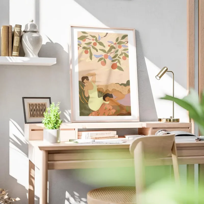 affiche de deux femmes faisant la sieste sous un arbre aux feuilles vertes et au bureau.webp