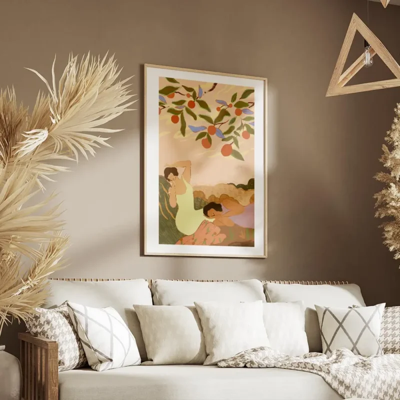 affiche de deux femmes faisant la sieste sous un arbre aux feuilles vertes et au salon.webp