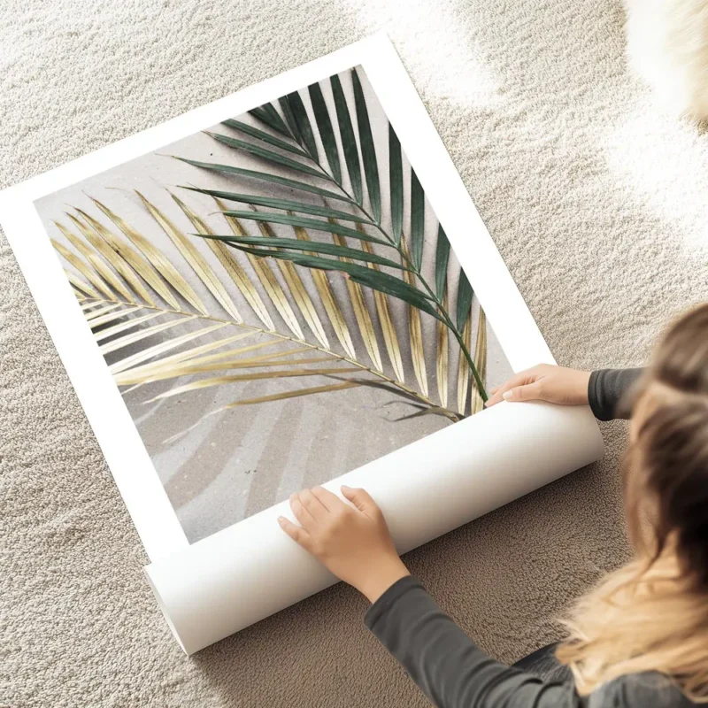 affiche de deux feuilles de palmier une doree et une verte sur un fond en pierre au sol.webp
