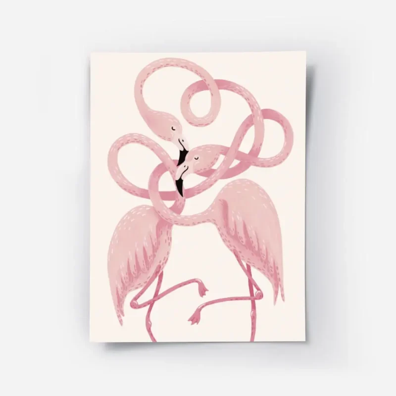 affiche de deux flamants roses au cou entrelace sur un fond beige illustration d.webp