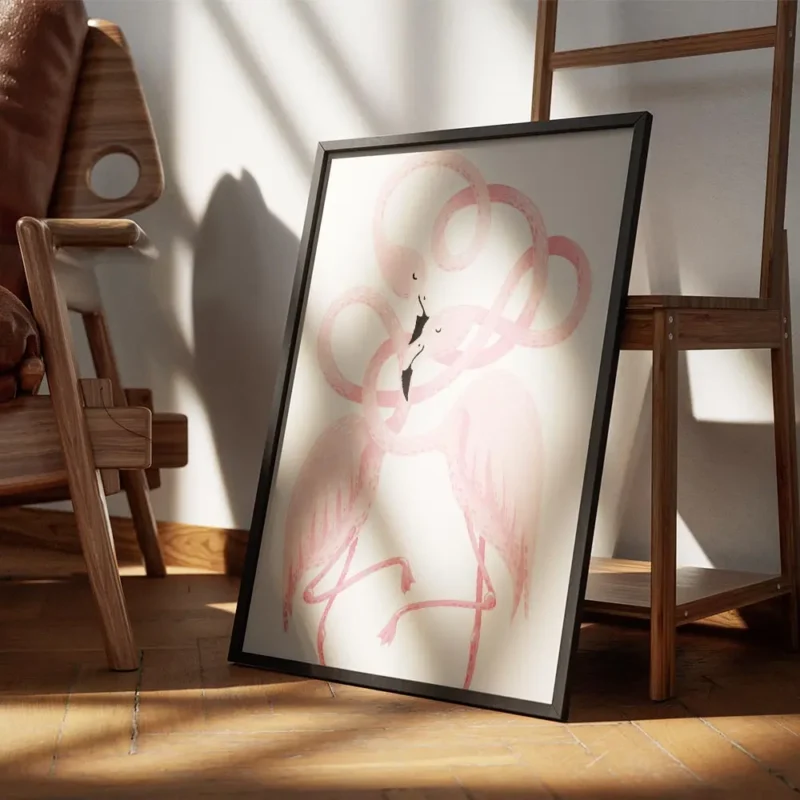 affiche de deux flamants roses au cou entrelace sur un fond beige illustration d encadre.webp