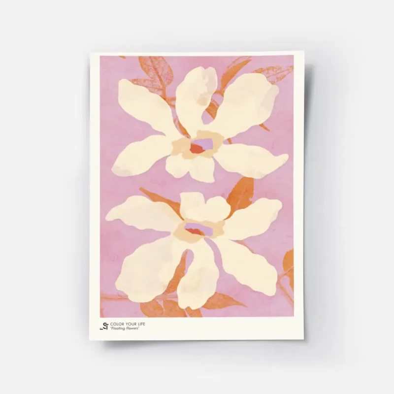 affiche de deux fleurs beige clair avec des petales ondules et des feuilles oran.webp