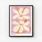 affiche de deux fleurs beige clair avec des petales ondules et des feuilles oran avec cadre.webp