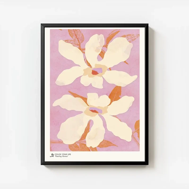 affiche de deux fleurs beige clair avec des petales ondules et des feuilles oran avec cadre.webp