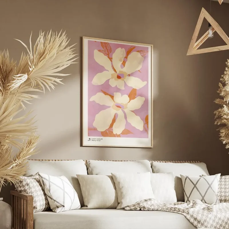 affiche de deux fleurs beige clair avec des petales ondules et des feuilles oran salon.webp
