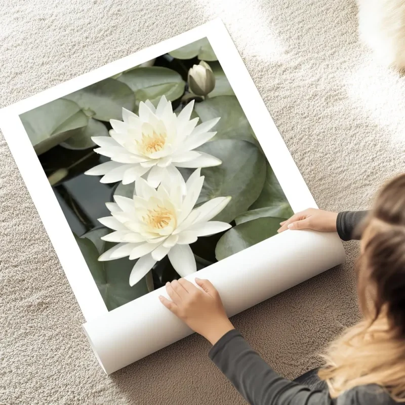 affiche de deux fleurs de lotus blanches avec des petales verts et un bourgeon d au sol.webp
