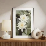 affiche de deux fleurs de lotus blanches avec des petales verts et un bourgeon d meuble.webp