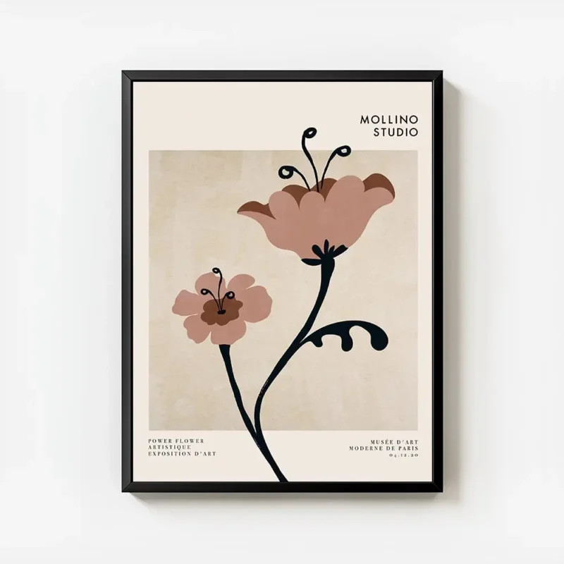 affiche de deux fleurs graphiques marron et roses avec des details noirs et du t avec cadre.webp