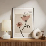 affiche de deux fleurs graphiques marron et roses avec des details noirs et du t meuble.webp