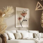 affiche de deux fleurs graphiques marron et roses avec des details noirs et du t salon.webp